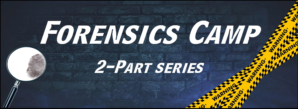"Forensics Camp 2 - part series" blue brick background with yellow caution tape, fingerprint and a magnifying glass
