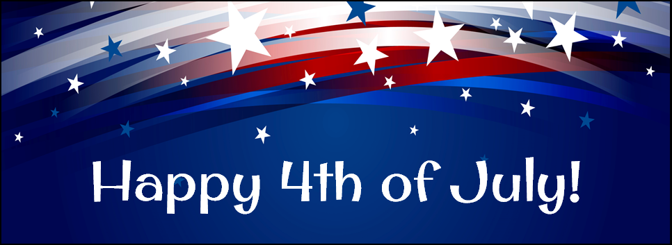 "Happy Fourth of July!" blue background with red and white stripes and stars