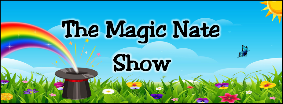 "The Magic Nate Show" blue sky, grass and flowers, sun, magic top hat with a rainbow coming out of it