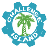 "Challenge Island" logo with blue gear and a green palm tree