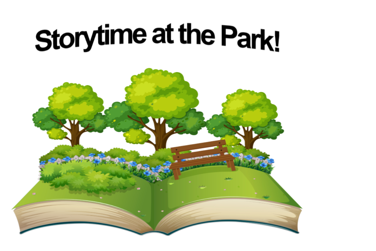 "Storytime at the Park!" open book with grass, trees, bushes and bench on the pages