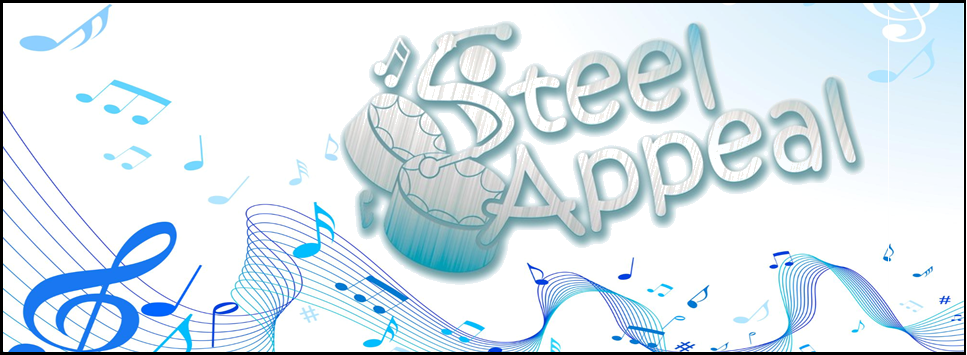 "Steel Appeal" with logo of a drummer and blue music notes