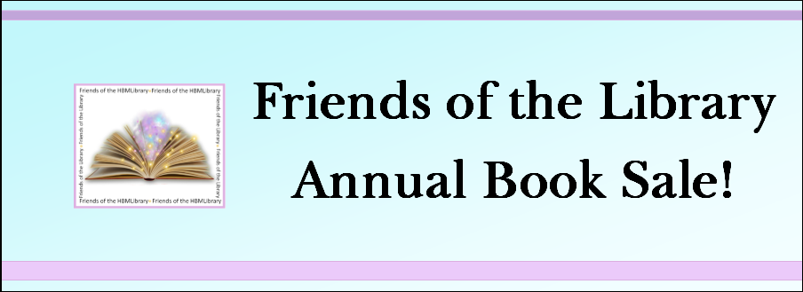 "Friends of the Library Annual Book Sale!" friends logo on a blue background