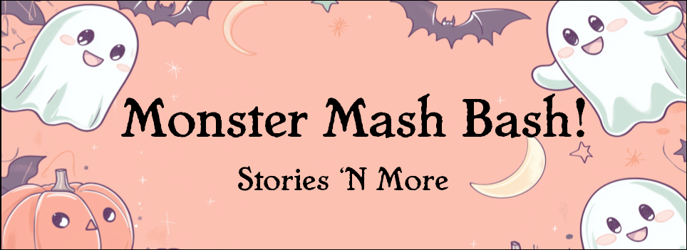 "Monster Mash Bash! Stories N' More" pastel background with cute ghosts, pumpkins, and bats