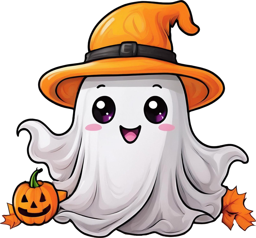 clipart of a cute ghost with an orange hat and a pumpkin