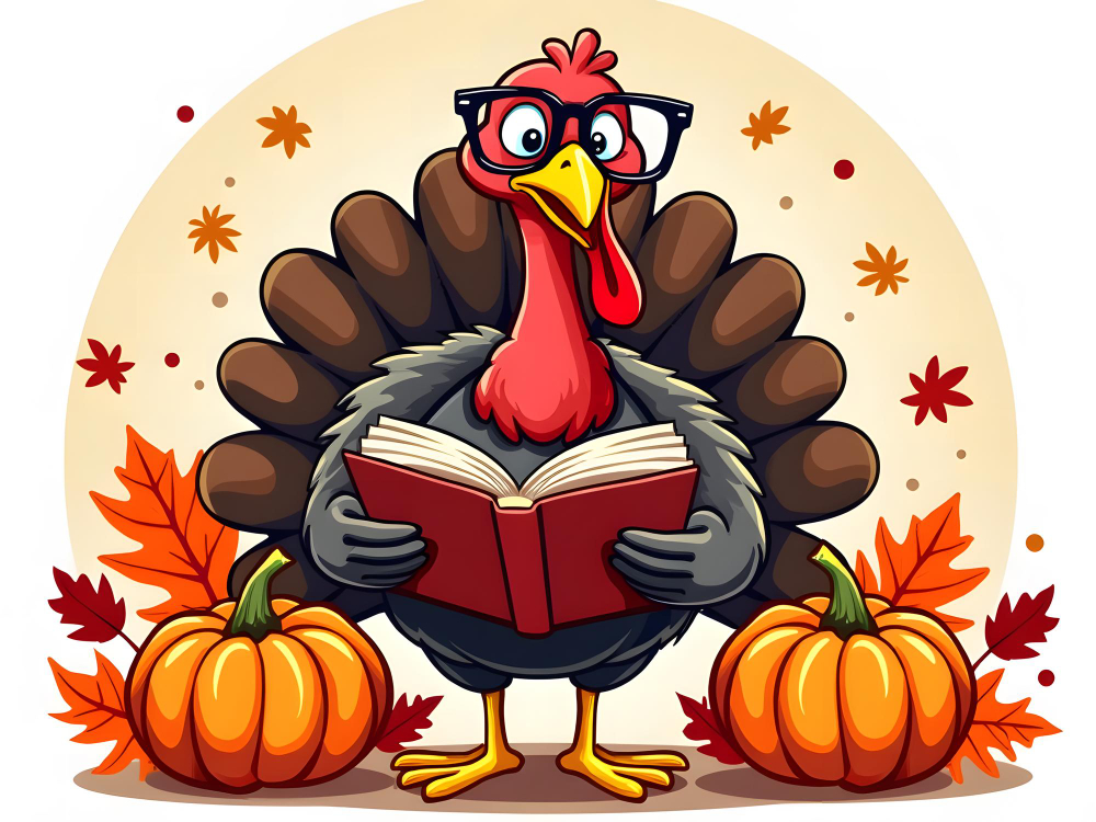 clipart of a turkey with glasses reading a book