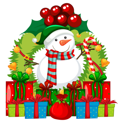 Christmas wreath with a snowman and presents
