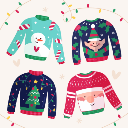 four different Christmas sweaters with Christmas lights