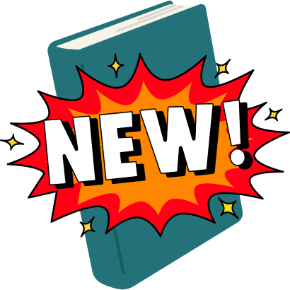 "NEW!" in a red burst on top of a blue book