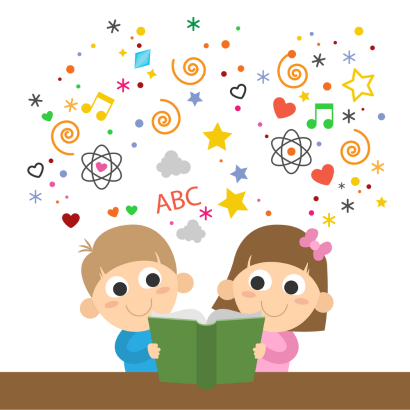 a boy and a girl holding a green book with little clipart floating above their heads