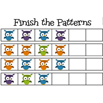 "Finish the Patterns" four sets of colored owl patterns