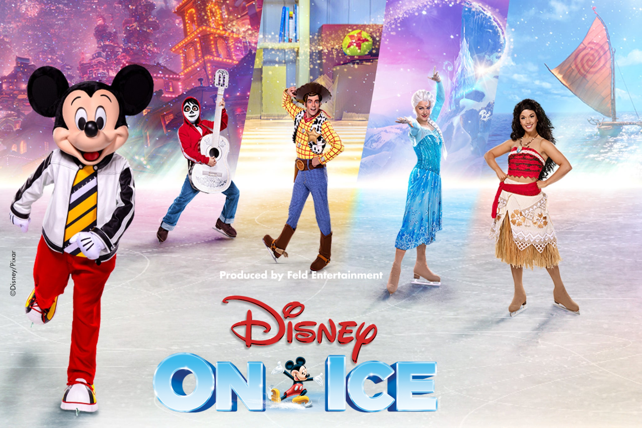 "Disney on Ice" logo with Mickey, Coco, Woody, Elsa, and Moana