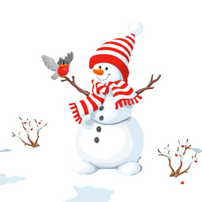 snowman in red and white striped scarf and hat with a bird landing on its branch