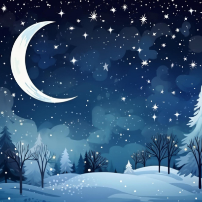 starry winter night with a crescent moon