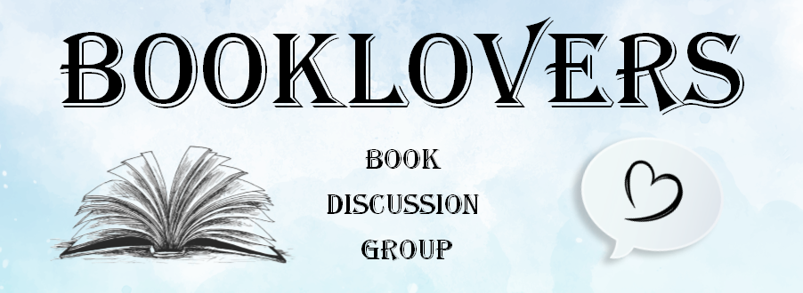 "Booklovers Book Discussion Group" blue background with a pencil drawn book and heart in a speech bubble"