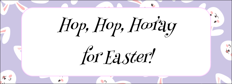 "Hop, Hop, Hooray for Easter!" purple background with cute white bunny faces