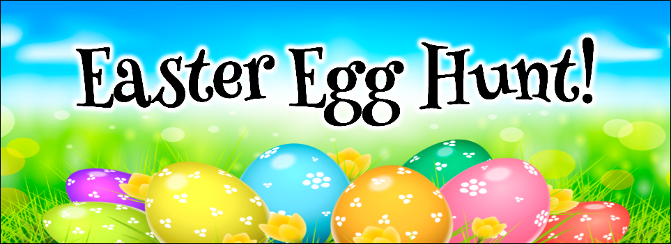 "Easter Egg Hunt!" brightly colored Easter eggs