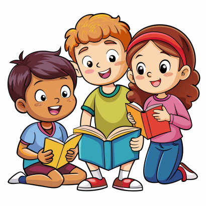 three children reading books