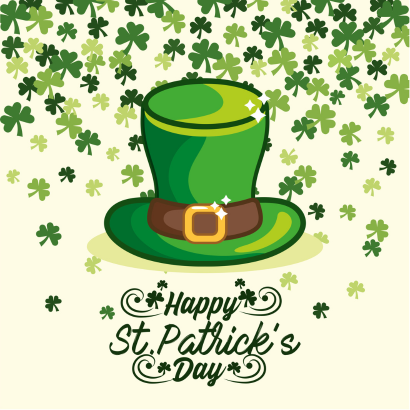 "Happy St. Patrick's Day" shamrocks and green leprechaun hat