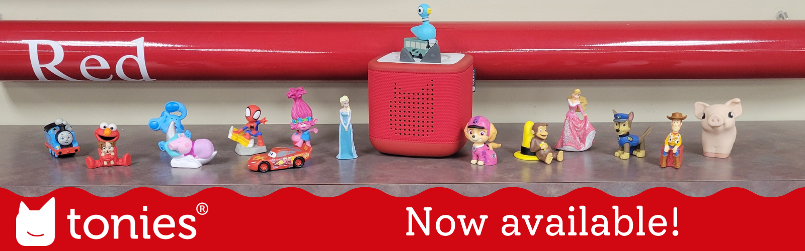 "Tonies now available!" toniebox surrounded by tonie figurines