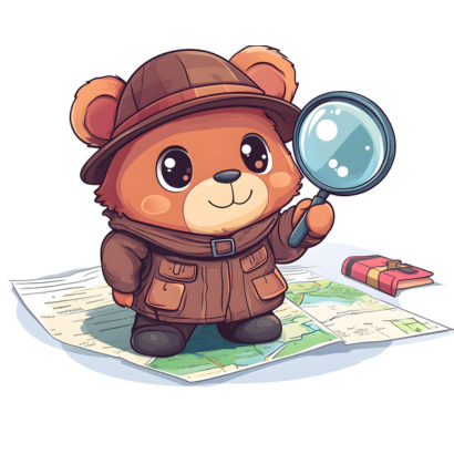 detective bear holding a magnifying glass standing on a map