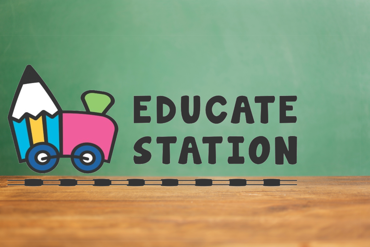 chalkboard background with Educate Station Logo