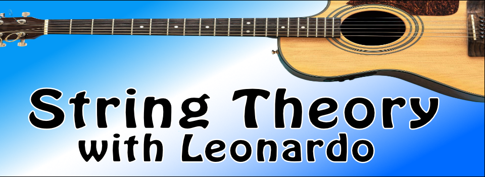 "String Theory with Leonardo" blue background and a guitar