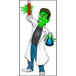 Professor Steve dressed like Frankenstein in a lab coat with colored vials