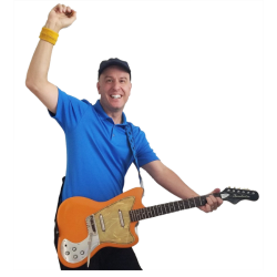 Leonardo holding an orange guitar
