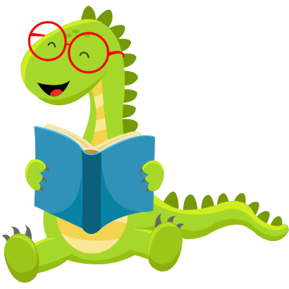 dino with glasses happily reading a book