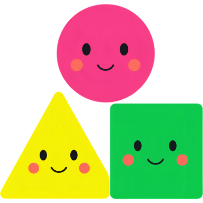 three colored shapes with smiley faces