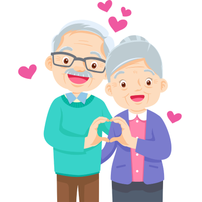 happy older couple making a heart with their hands