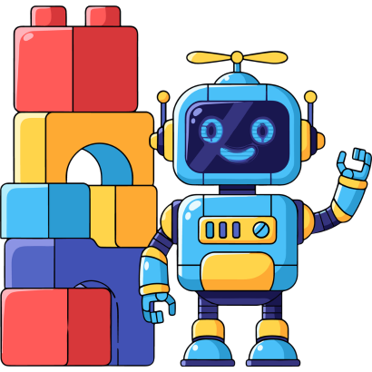 blue and yellow robot next to colorful building blocks