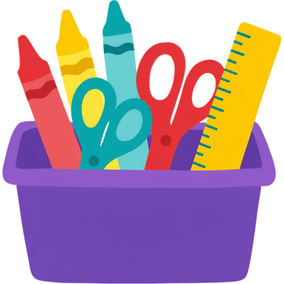 purple bin of crayons, scissors, and a ruler