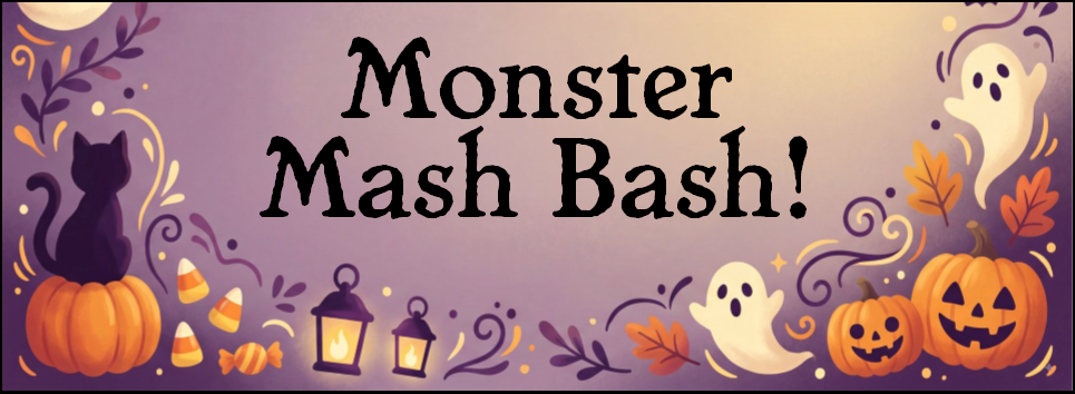 "Monster Mash Bash!" black cat, pumpkins and ghost border