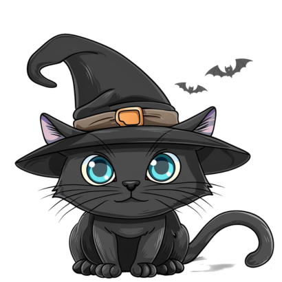 Black Cat wearing a witch hat