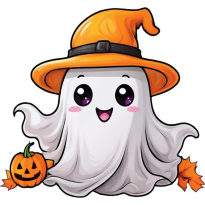 cute ghost with an orange witch hat