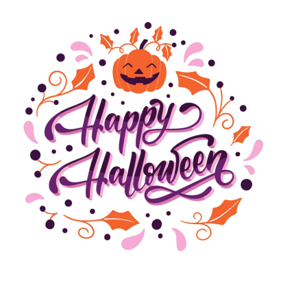 "Happy Halloween" orange leaves and purple swirls with a smiling jack-o-lantern