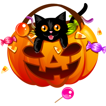 Black cat in a pumpkin basket full of candy