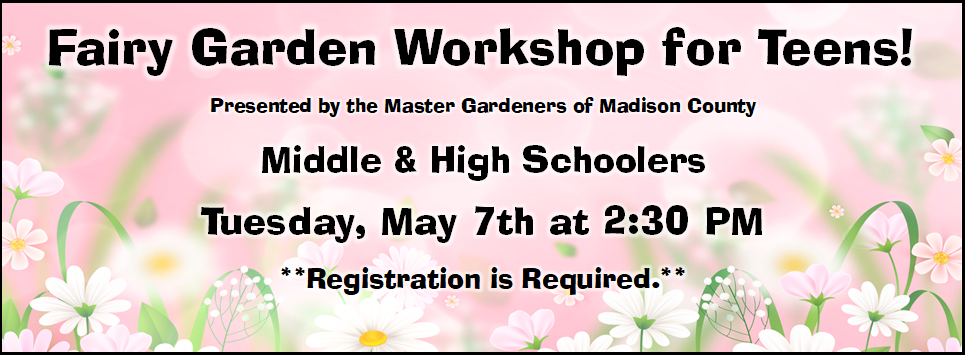 Fairy Garden Workshop for Teens! Middle & High schoolers. 5/7 at 2:30PM registration is required.