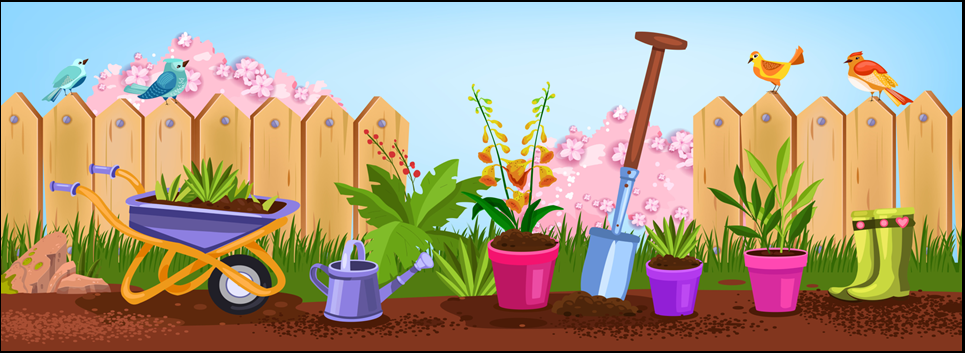 clipart of a garden including potted plants, a wheelbarrow, shovel and watering can