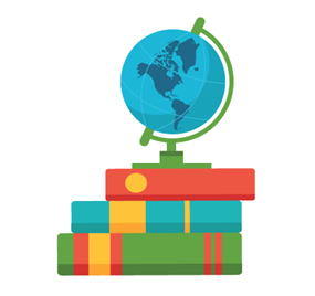 stack of books with a blue globe on top