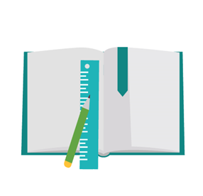 open book with a blue ruler and green pencil and bookmark