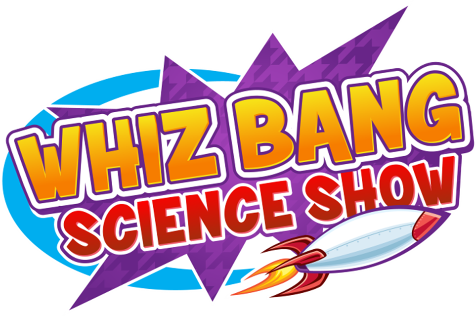 Whiz Bang Science Show with a purple burst and a rocket