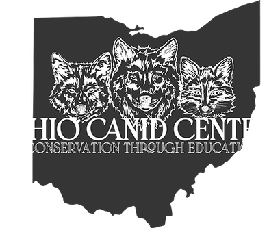 "Ohio Canid Center Conservation through Education" logo with outline of Ohio and three canids