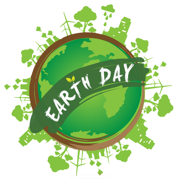 "Earth Day" on a green Earth with green trees and buildings going around the surface