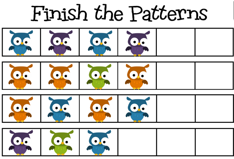 Finish the patterns with different colored owls