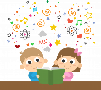 a boy and girl hold an open book with symbols floating above their heads