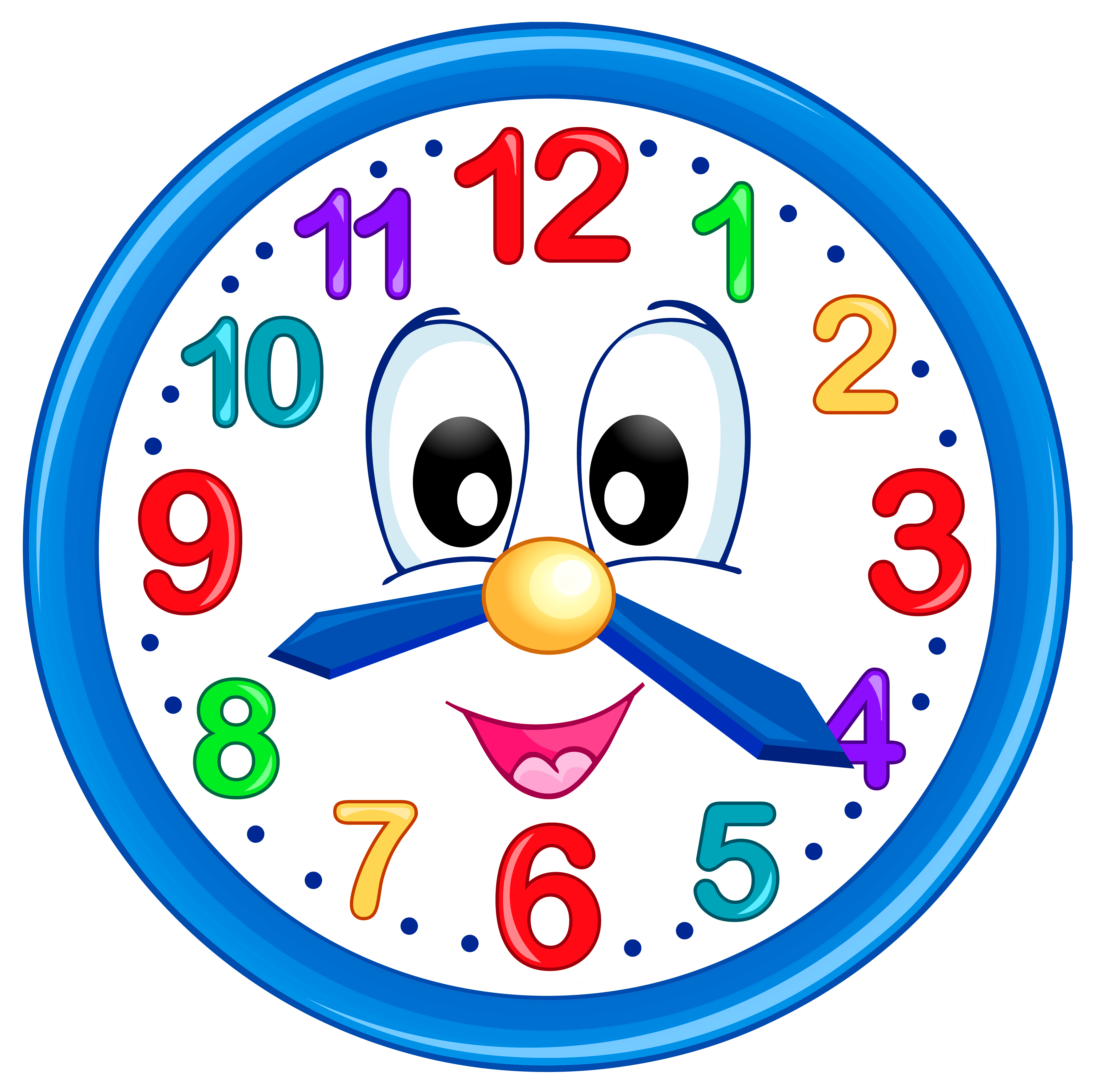 Blue clock with colorful numbers and an animated smiling face