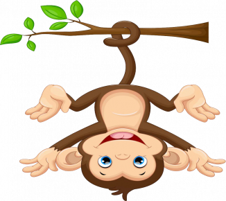 clipart of a smiling monkey hanging upside down on a branch using its tail